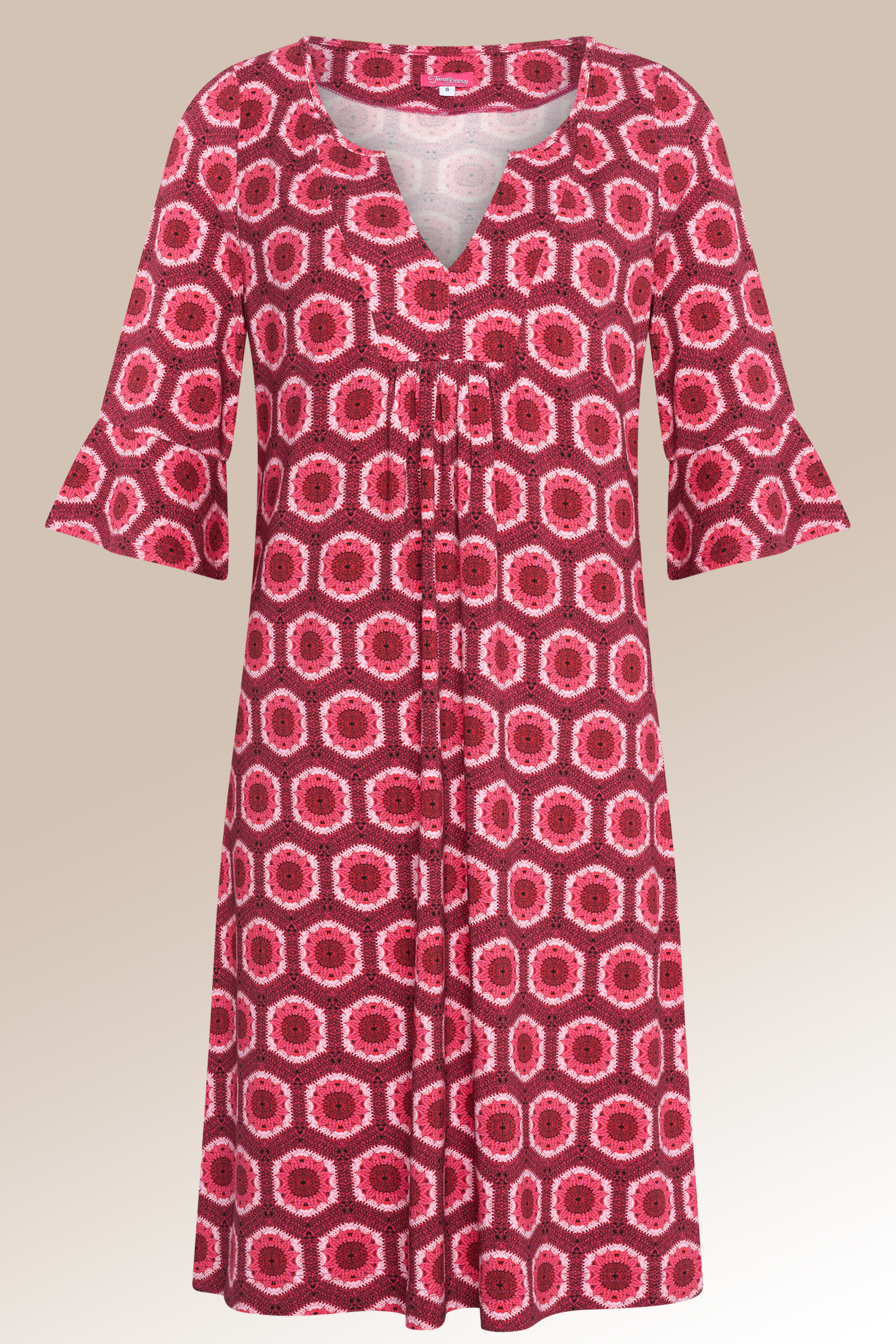 Tunic Dress Short Sleeves Crochet Flower Pink
